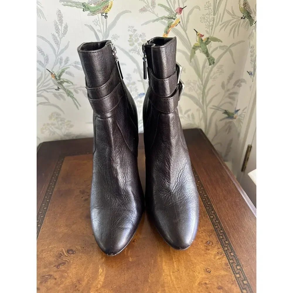 Calvin Klein Brown Booties Ankle Boots Women size 8M Sexy Minimalist Buckles Zip